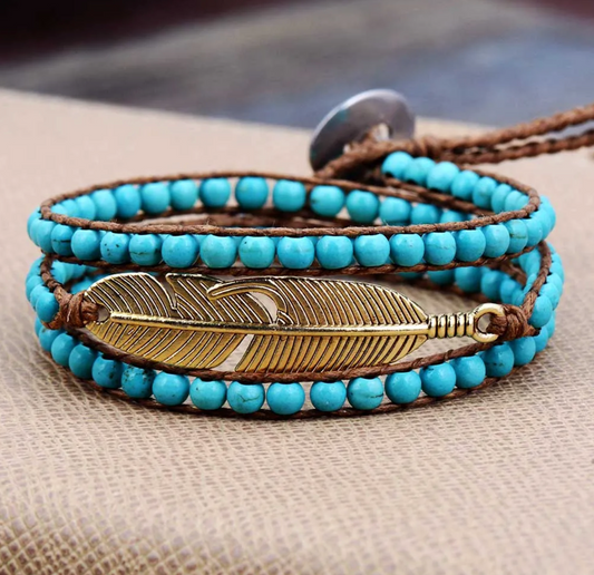 Goldtone Feather & Turquoise Beaded Wrap Bracelet