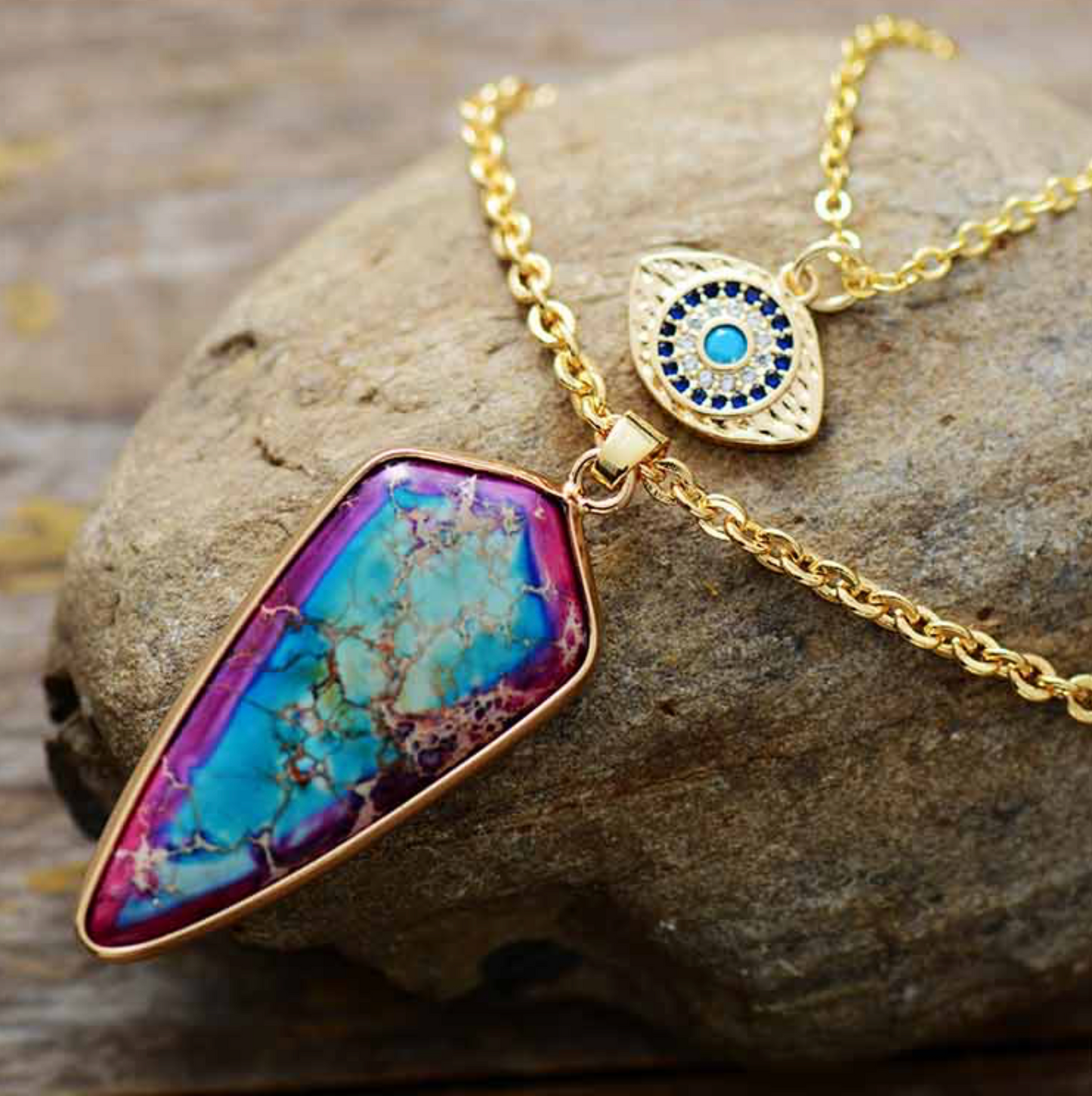 Goldtone Layered Eye & Purple Blue Jasper Pointed Necklace