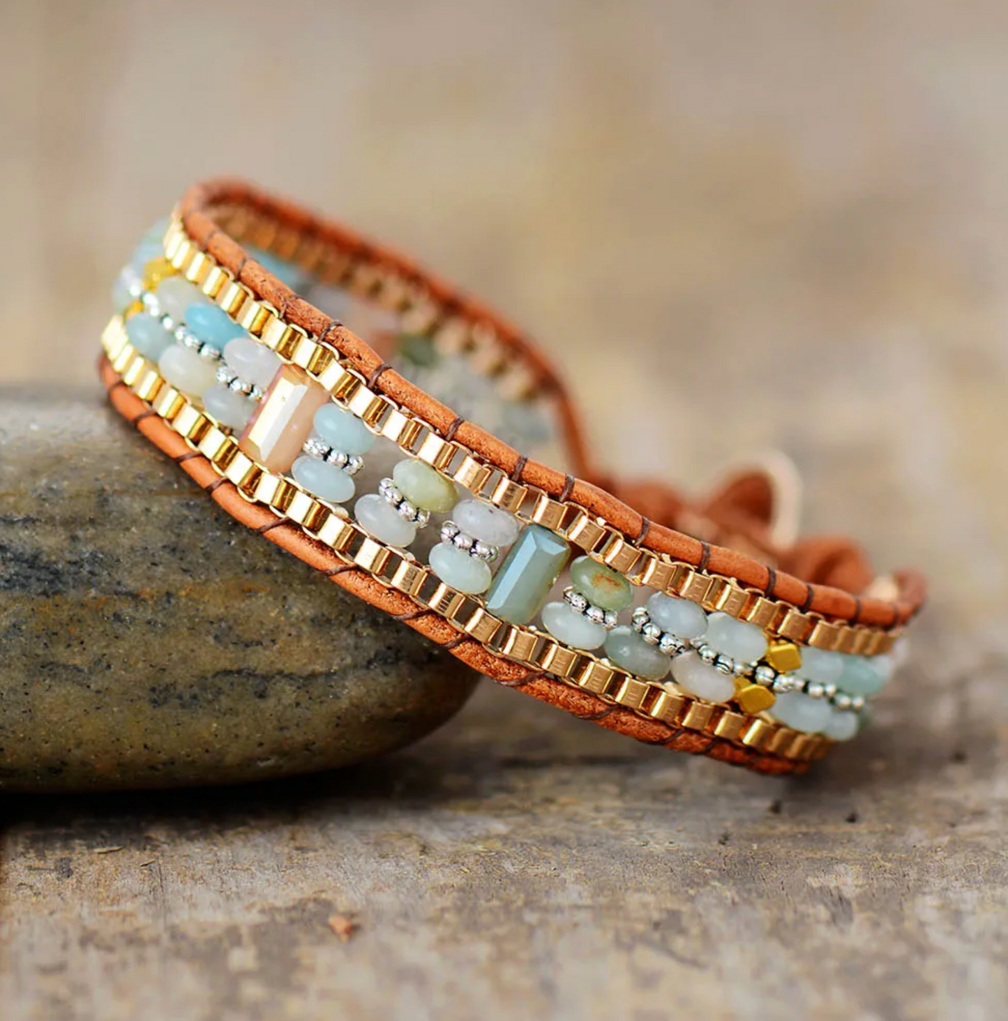 Goldtone Amazonite Rectangular & Stacked Beaded Bracelet