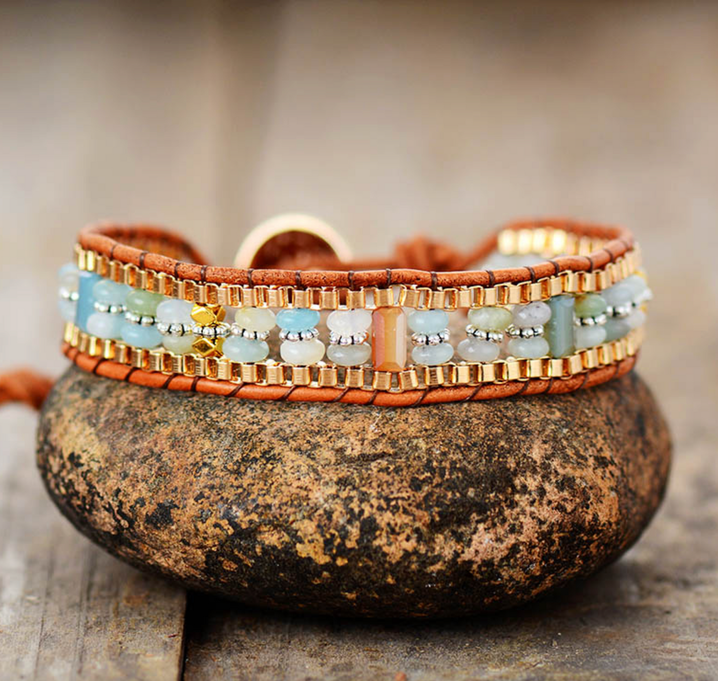 Goldtone Amazonite Rectangular & Stacked Beaded Bracelet