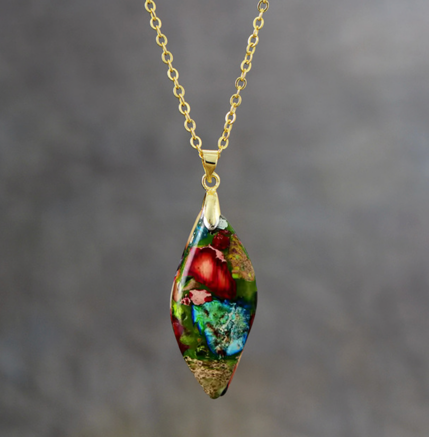 Goldtone & Multi Colored Red Jasper Leaf Pendant Necklace