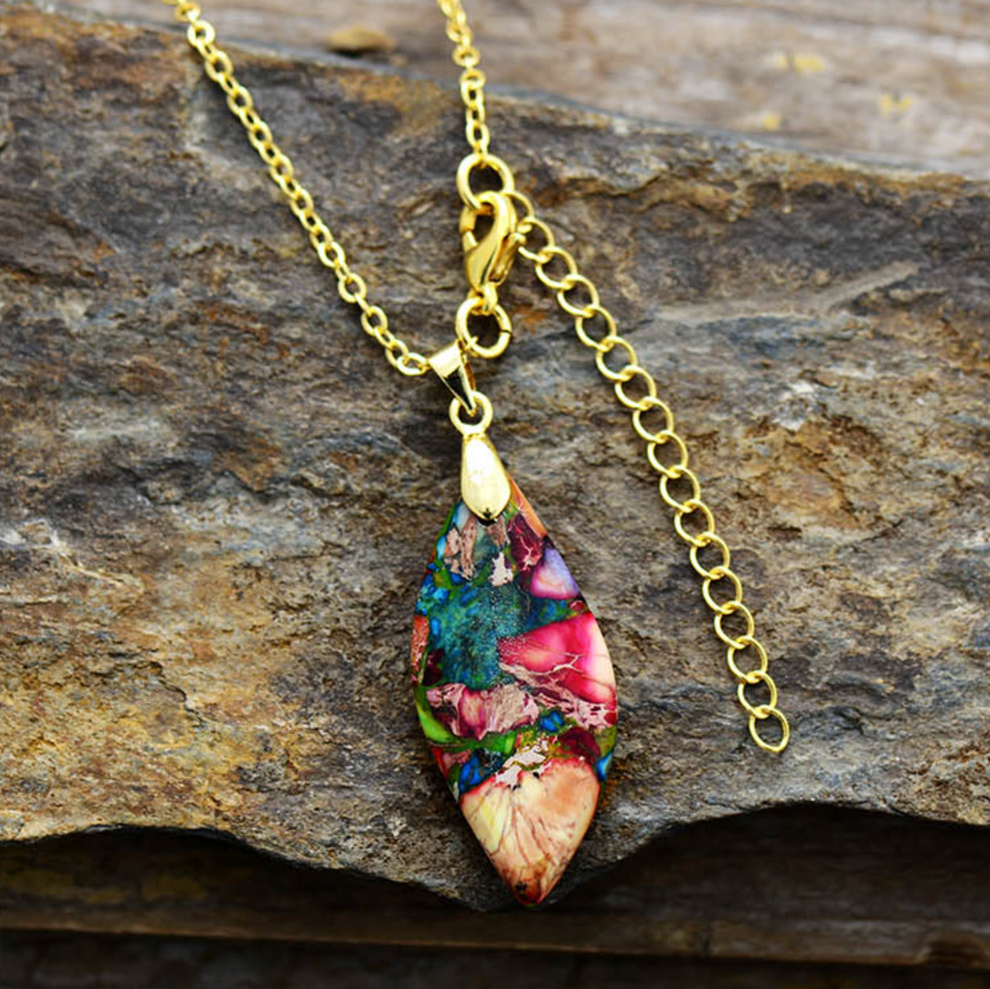 Goldtone & Multi Colored Red Jasper Leaf Pendant Necklace