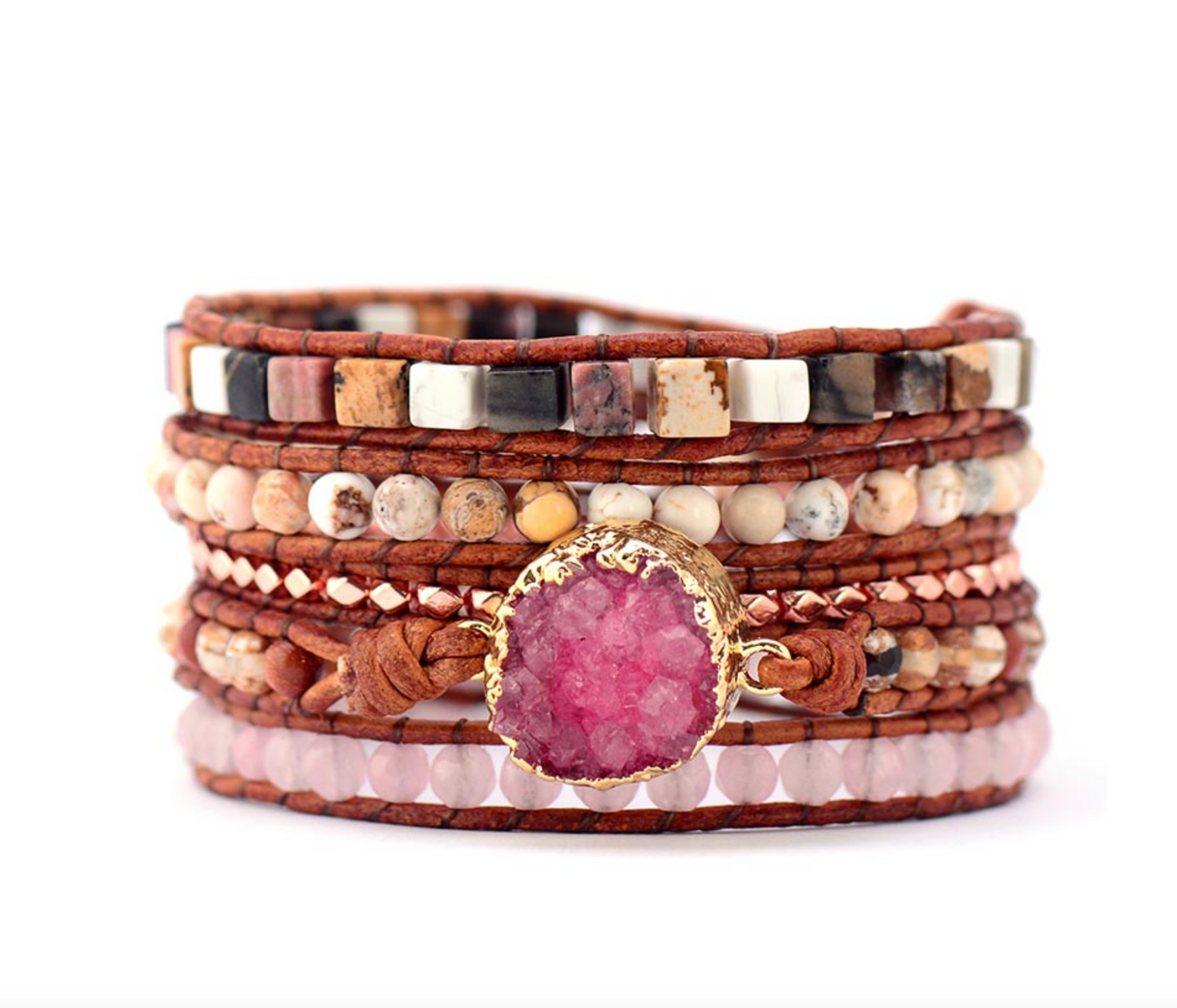 5 Layer Beaded Fuschia Druzy Wrap Leather Bracelet