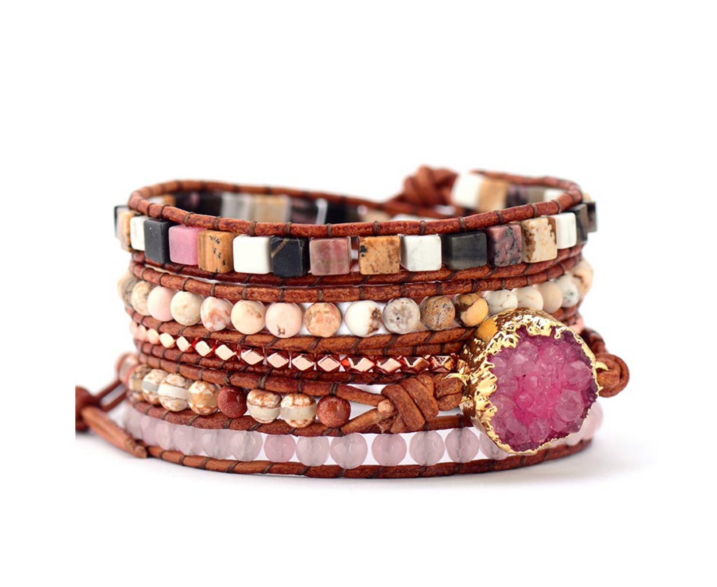 5 Layer Beaded Fuschia Druzy Wrap Leather Bracelet