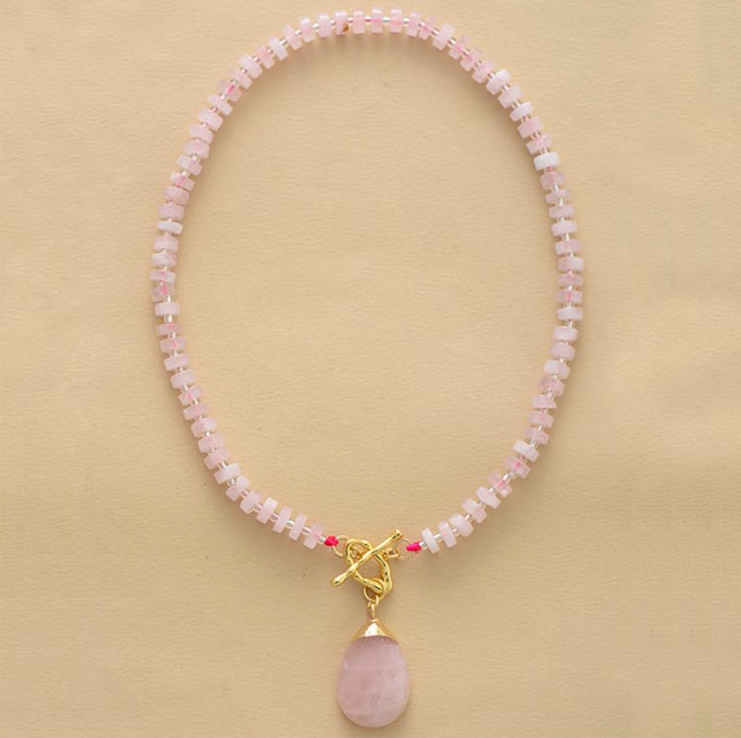 Rose Quartz Beaded Teardrop T Bar Necklace