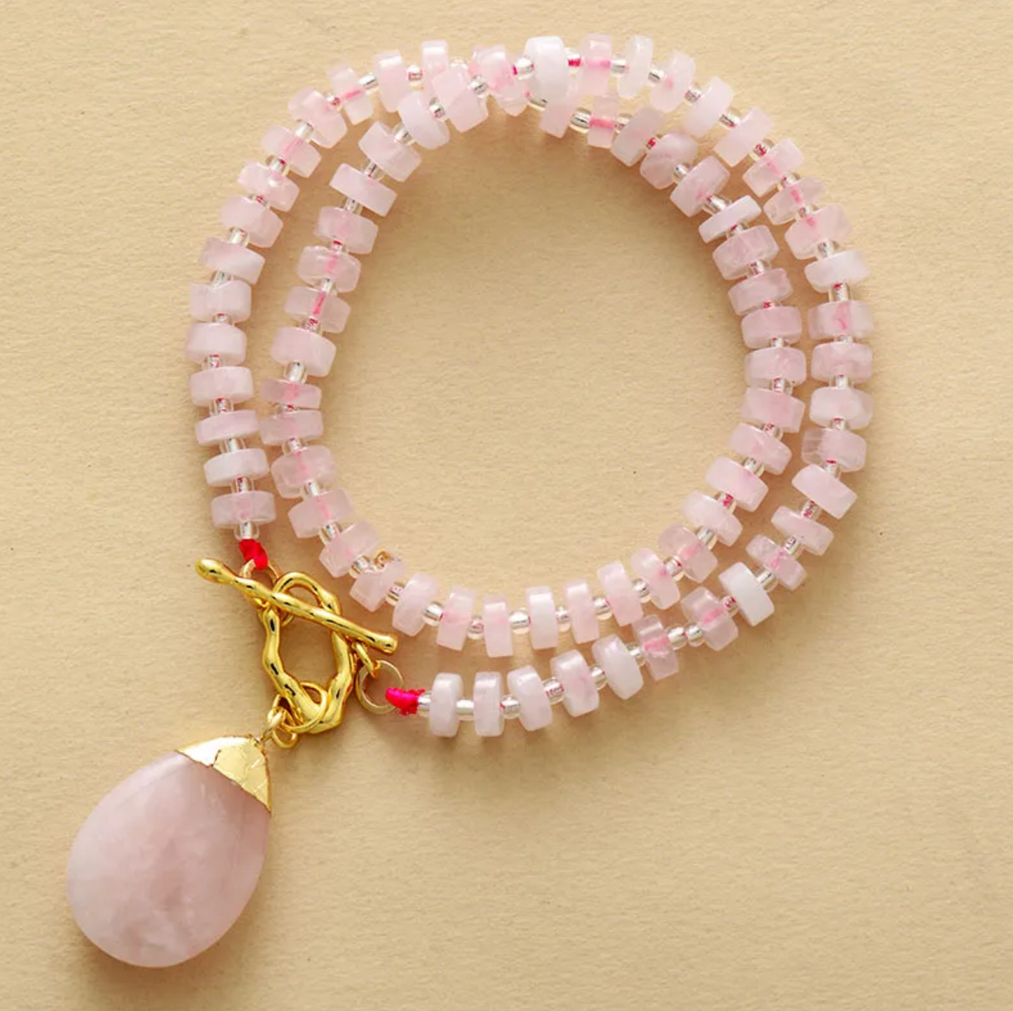 Rose Quartz Beaded Teardrop T Bar Necklace