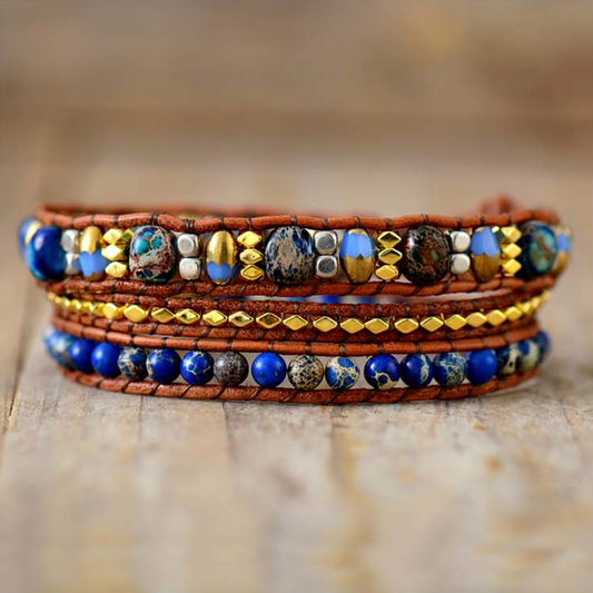 Blue Jasper & Goldtone Beaded Leather Wrap Bracelet