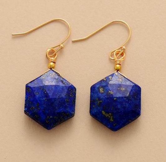 Goldtone Lapis Hexagon Drop Earrings