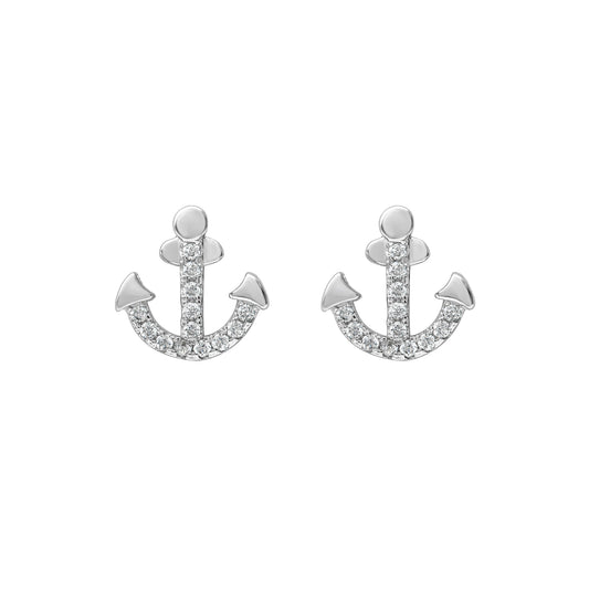 Sterling Silver Cubic Zirconia Anchor Stud Earrings