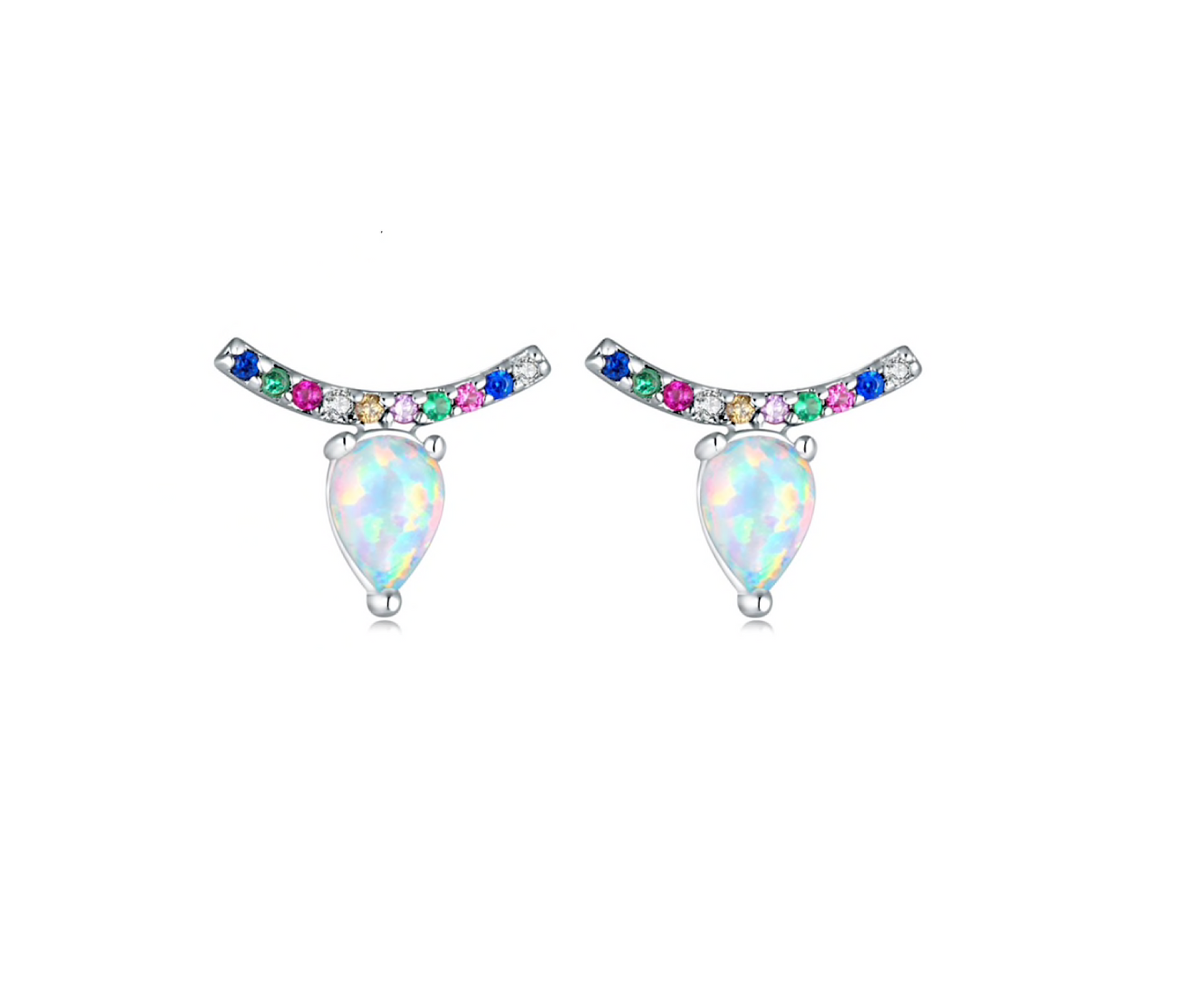 Sterling Silver & Multi-Color Cubic Zirconia Curved Bar stud Earrings with White Lab-Created Opal Teardrop