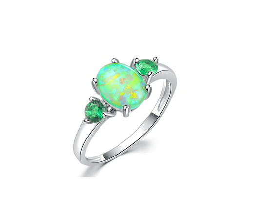 Sterling Silver with Green Opal & Cubic Zirconia Oval Tri-Stone Ring