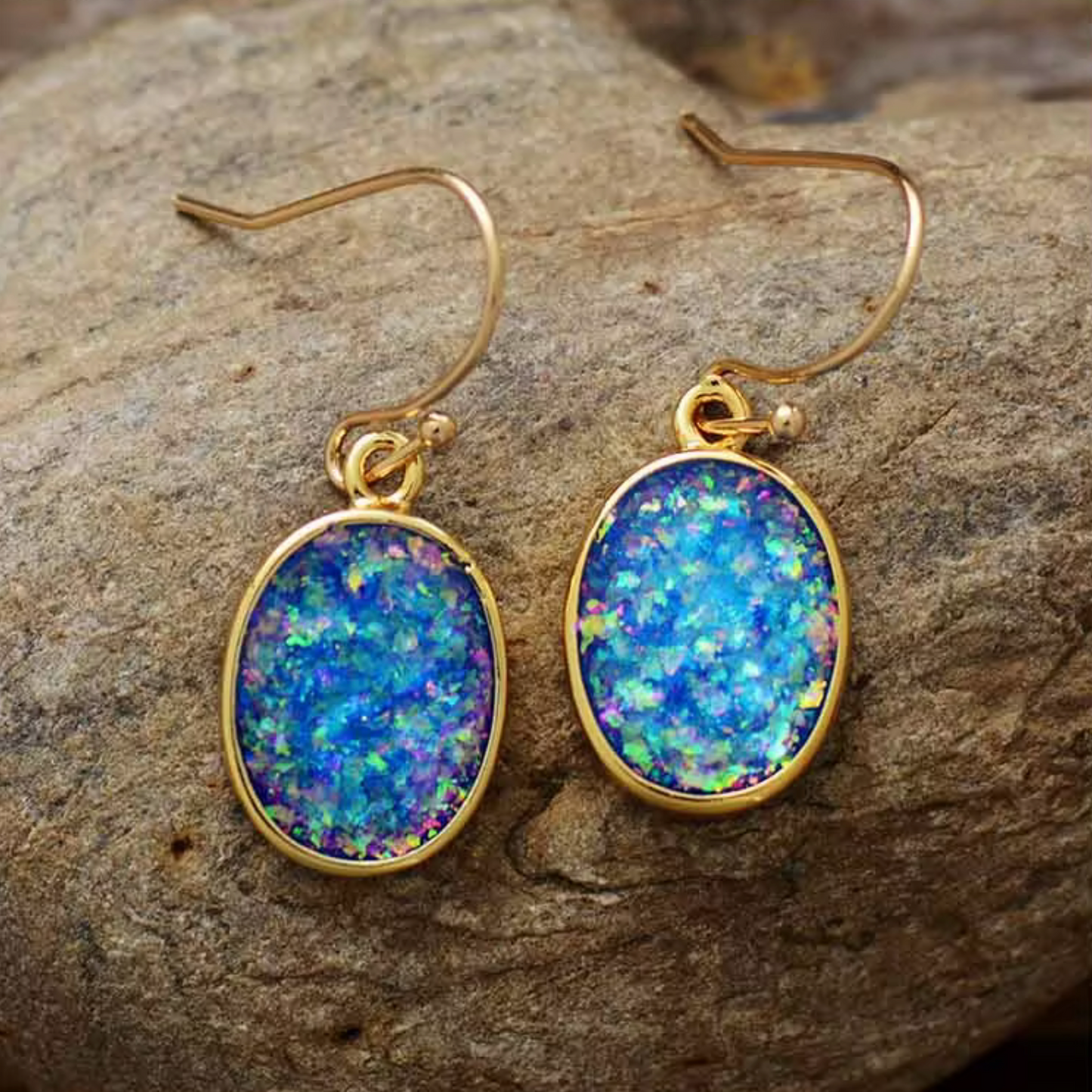 Bling Blue Opal Goldtone Oval Earrings