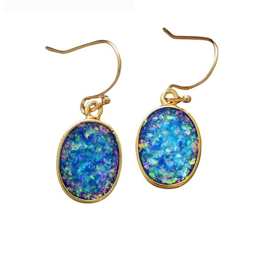 Bling Blue Opal Goldtone Oval Earrings