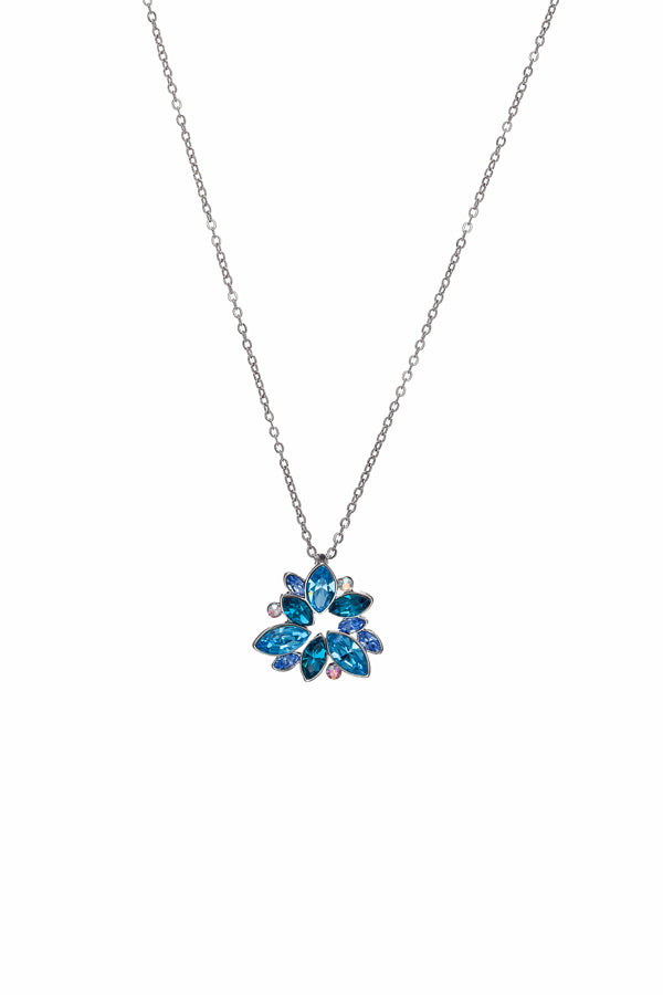 Rhodium Plated Aqua and Blue Topaz Floral Pendant with Swarovski Crystals