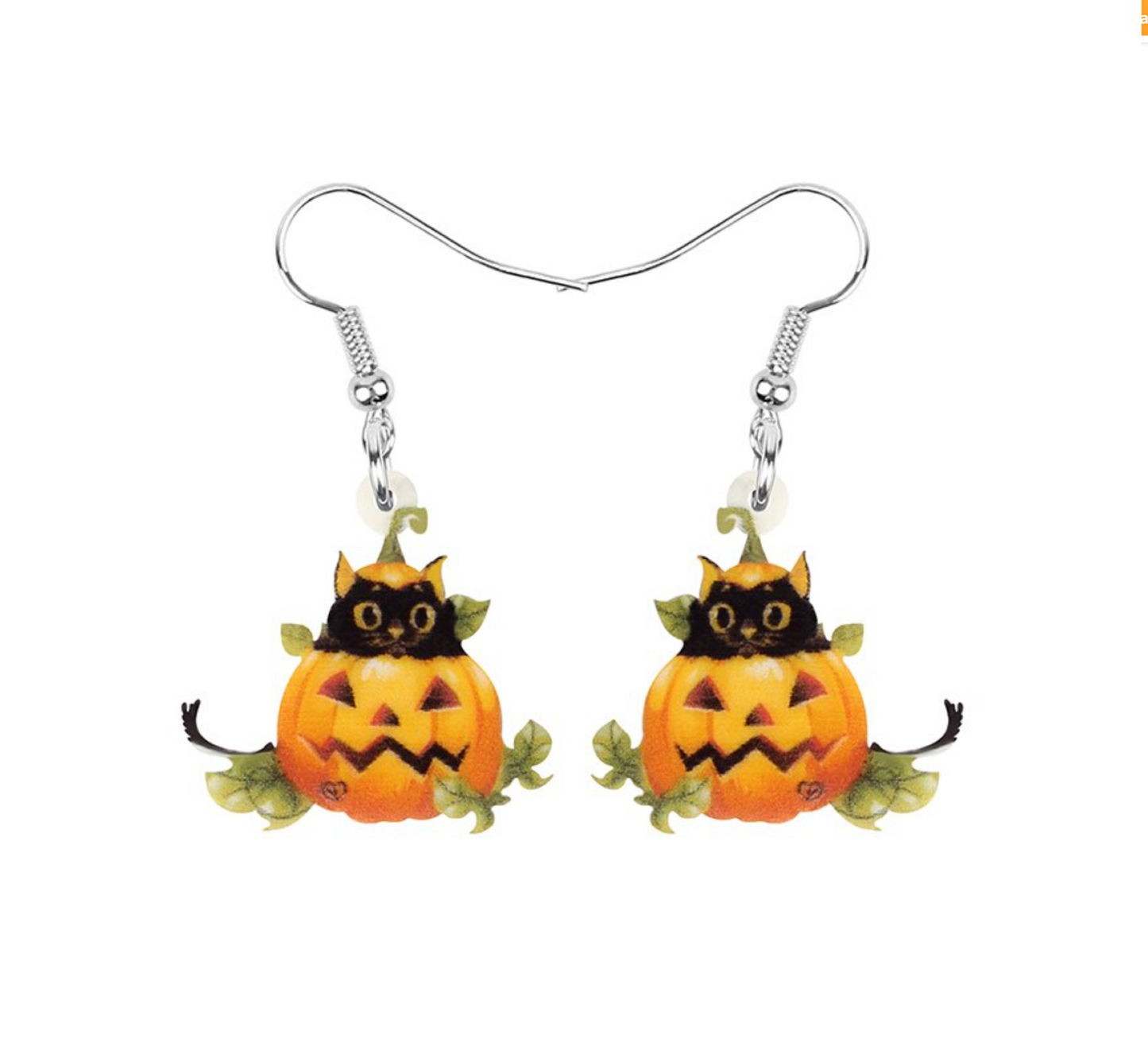 Black Cat In Jack-o-lantern Drop Earrings