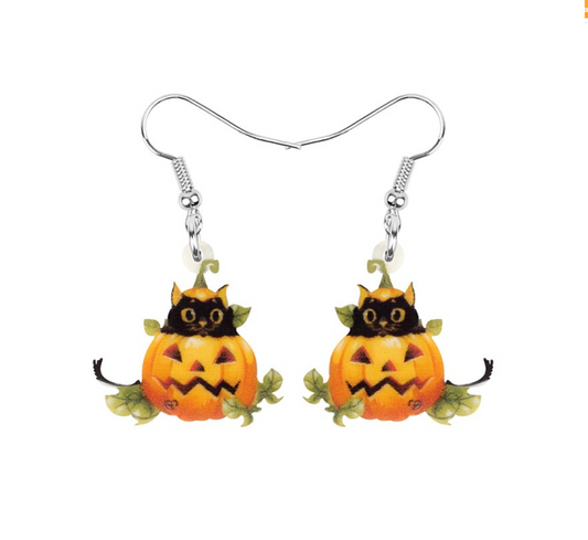 Black Cat In Jack-o-lantern Drop Earrings