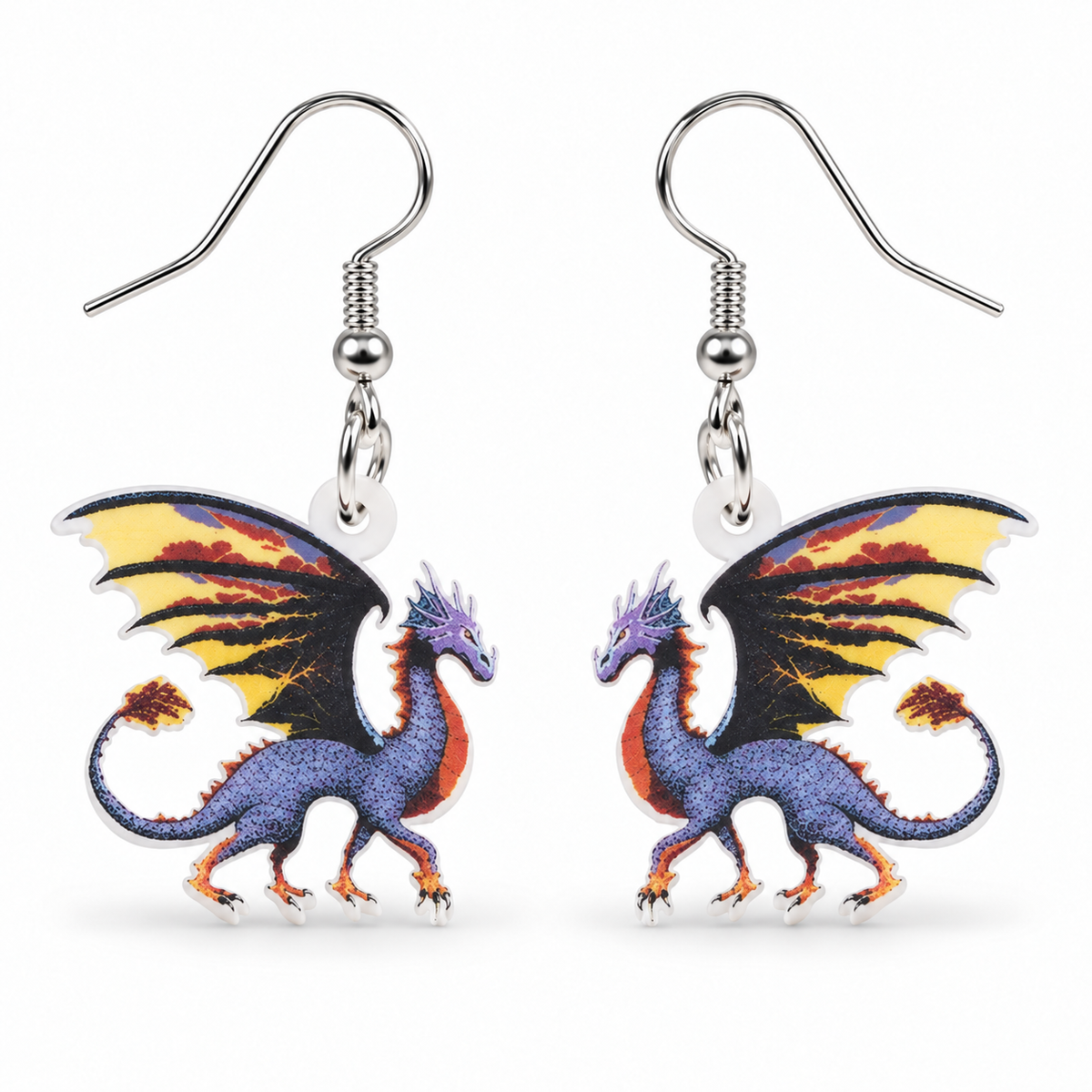 Purple dragon acrylic drop earrings with yellow and black wings on white