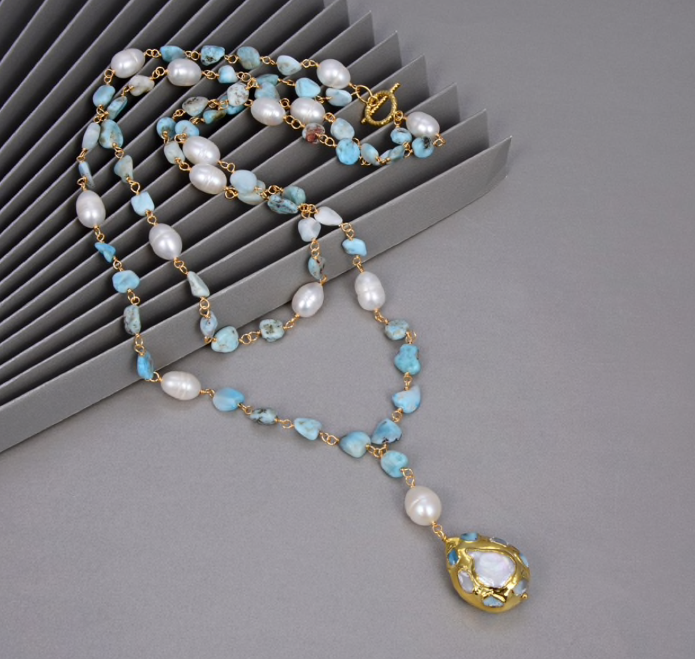 Gold plated Brass Larimar And Freshwater Pearl Necklace