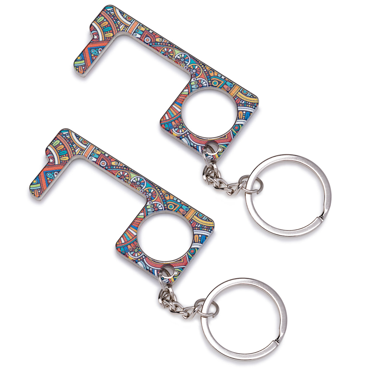 Two multicolored mosaic no-touch key tools with key rings