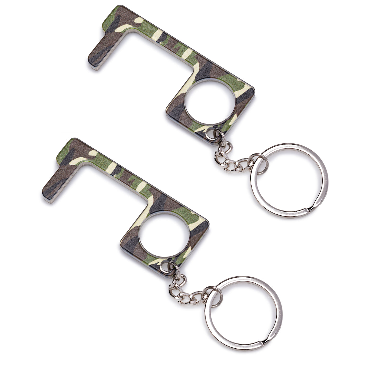 Two green camouflage no-touch key tools with key rings