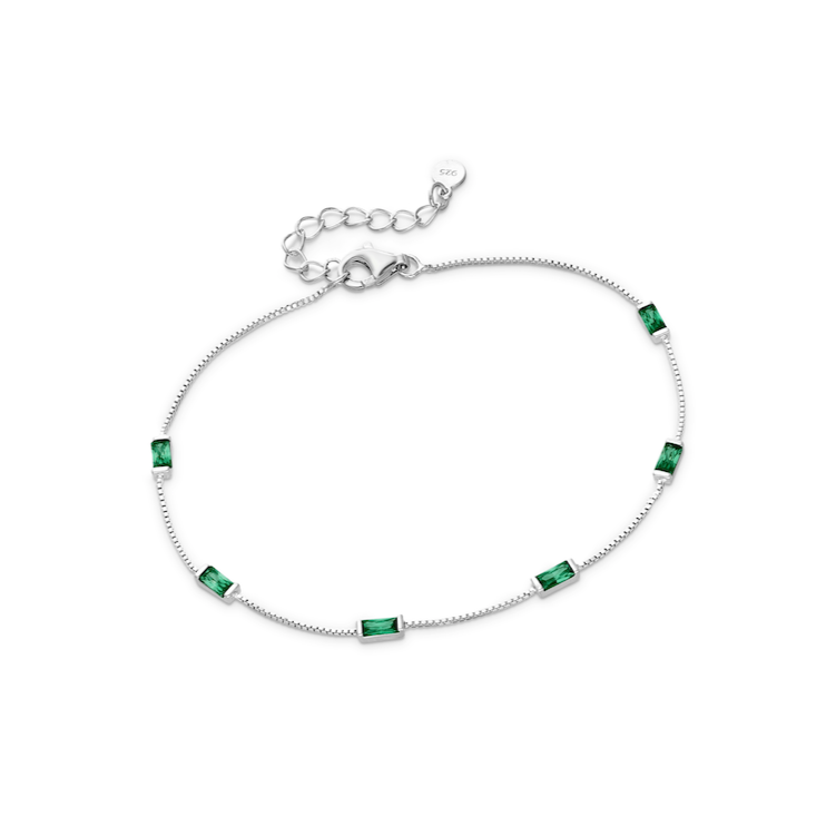 sterling silver baguette gemstone station bracelet with bezel settings on an adjustable chain in emerald