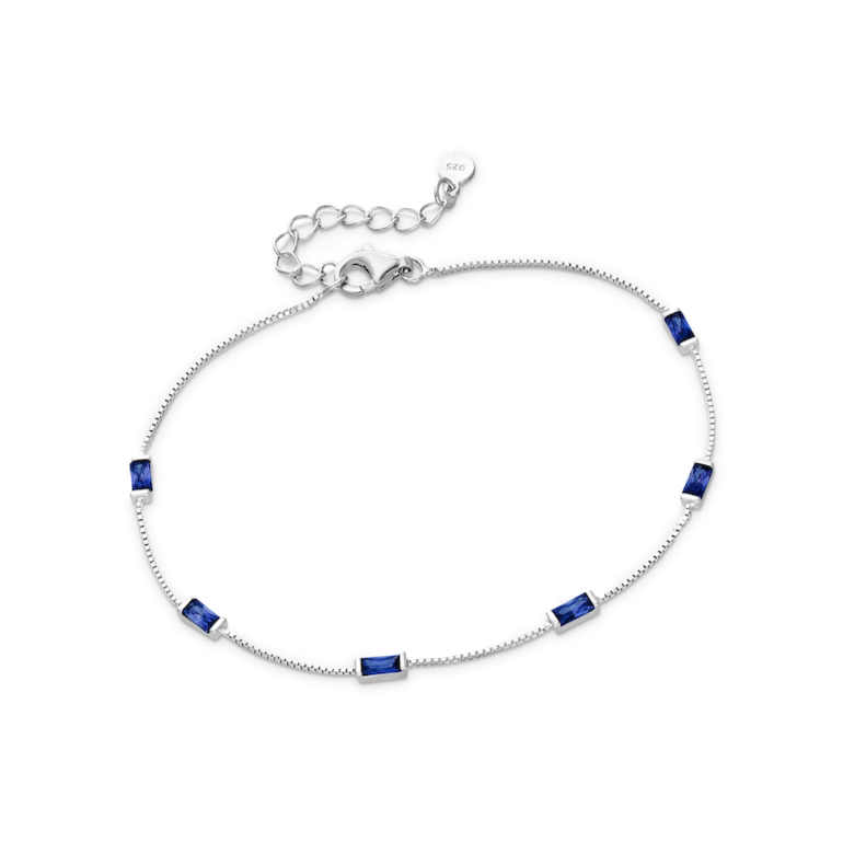 8sterling silver baguette gemstone station bracelet with bezel settings on an adjustable chain in Sapphire CZ