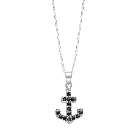 Black Cubic Zirconia & Sterling Silver Anchor Pendant Necklace