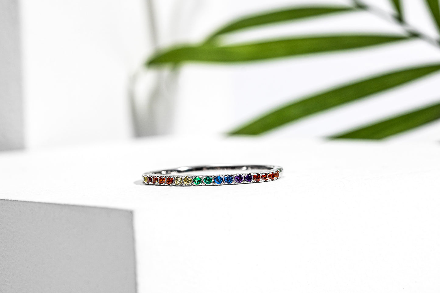 Rainbow Cubic Zirconia & Sterling Silver Pave Band Ring