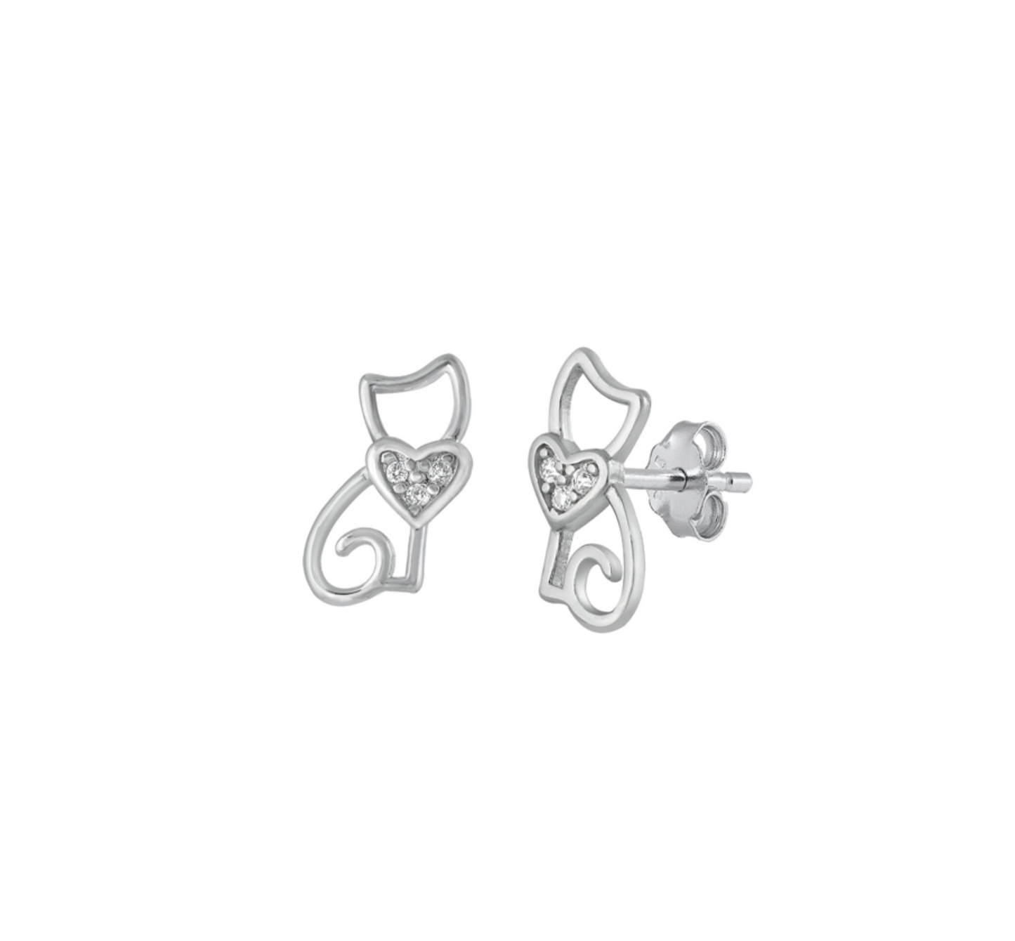Sterling Silver Cubic Zirconia Heart Open Cat Stud Earrings