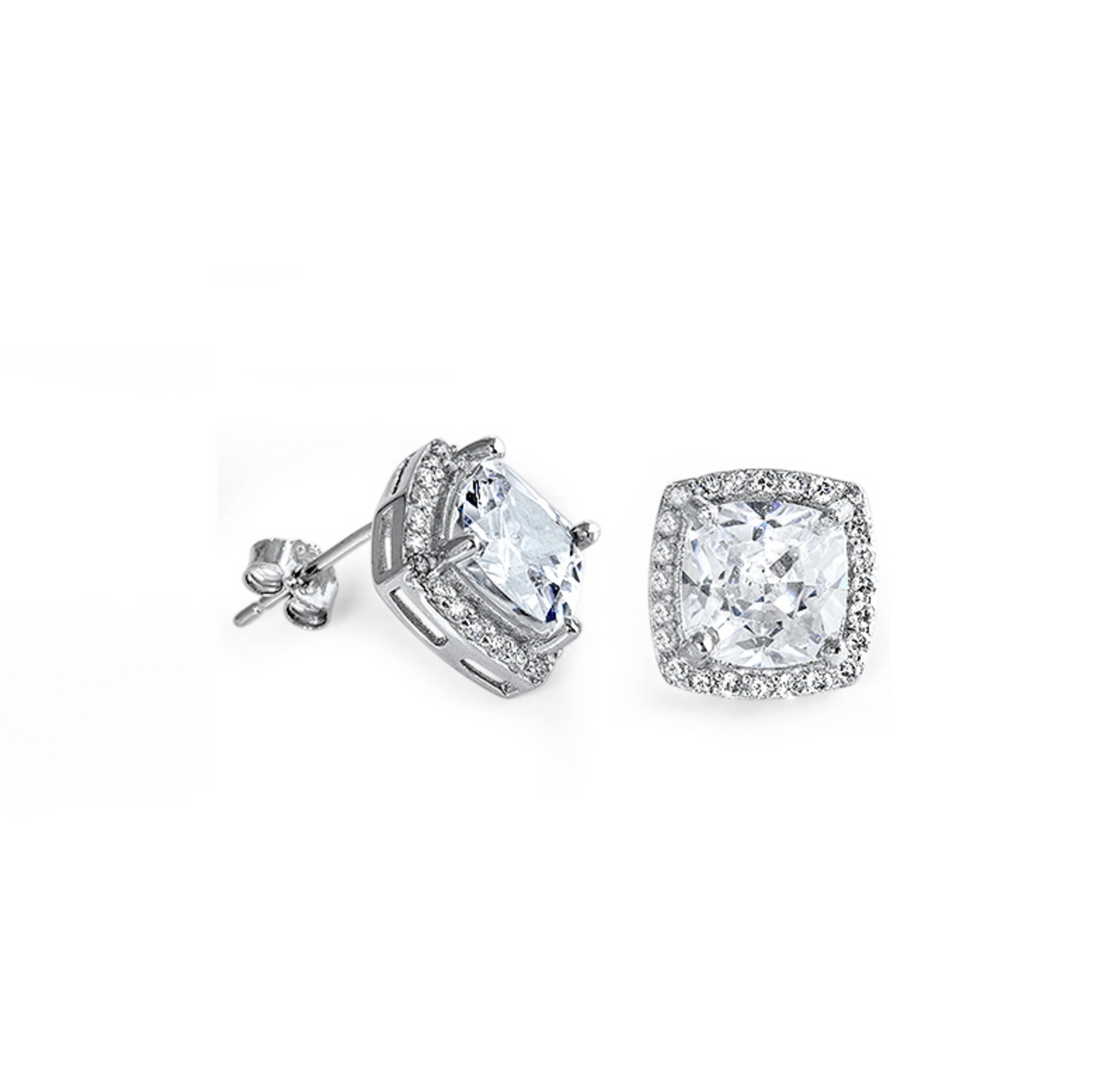 Sterling Silver Square Cubic Zirconia Halo Stud Earrings