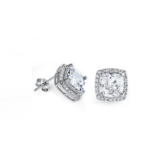 Sterling Silver Square Cubic Zirconia Halo Stud Earrings