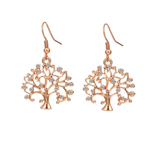 Rose Goldtone & CZ Tree of Life Drop Earrings