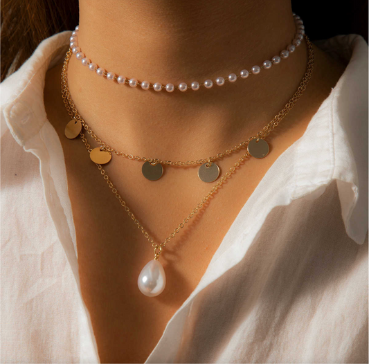 Goldtone Imitation Pearl & Delicate Discs Layered Necklace