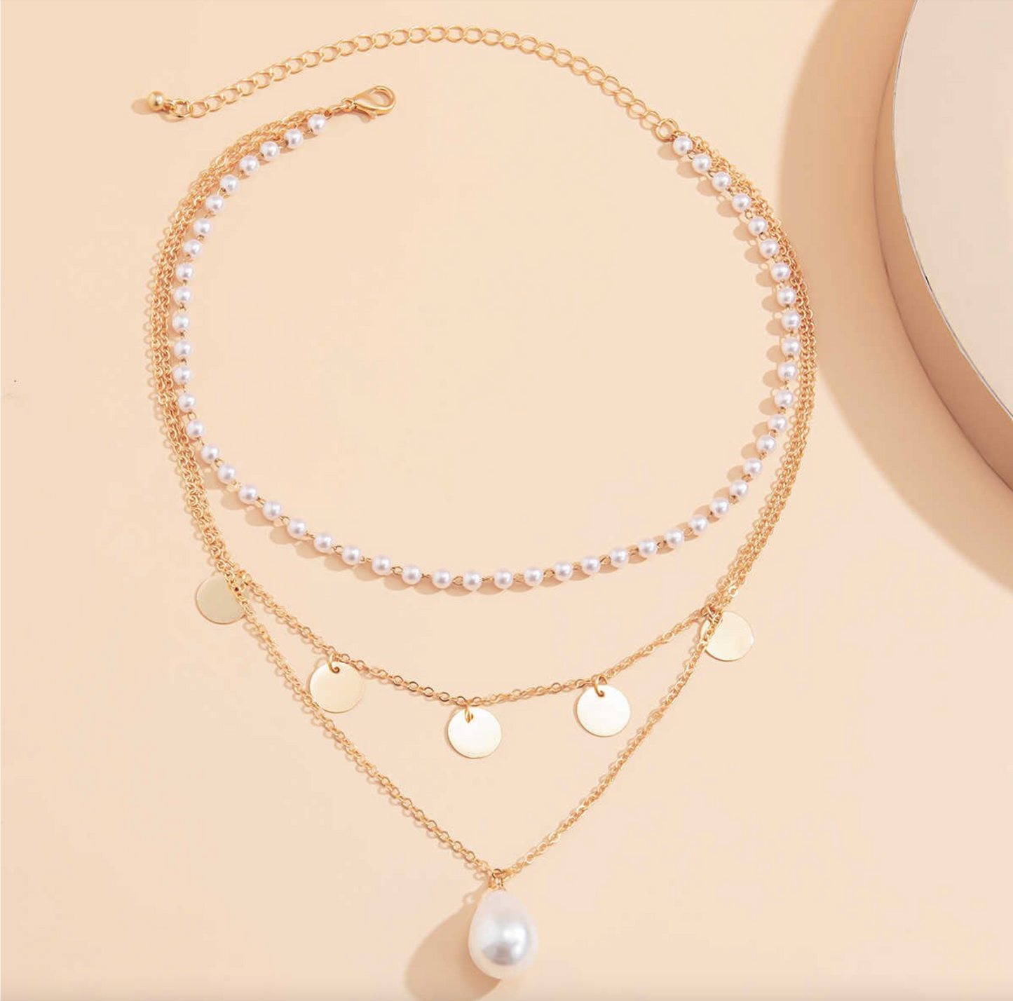 Goldtone Imitation Pearl & Delicate Discs Layered Necklace