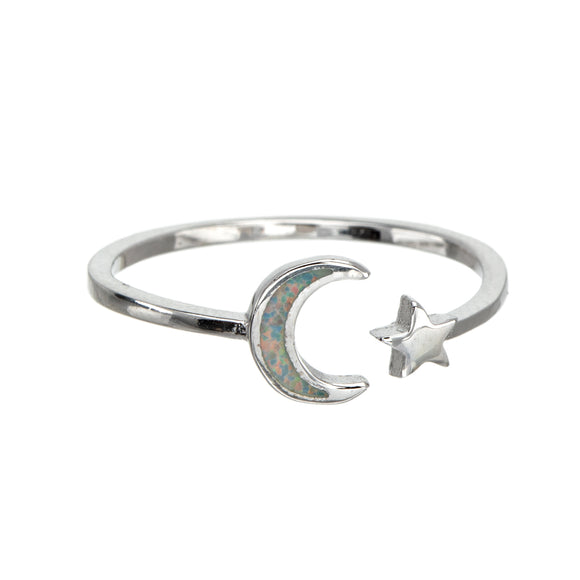 White Fire Lab-created Opal & Sterling Silver Moon Star Adjustable Ring