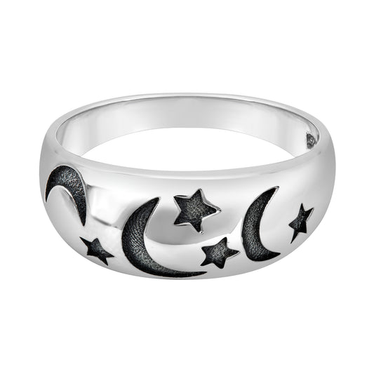 Sterling Silver Moon Star Dome Ring