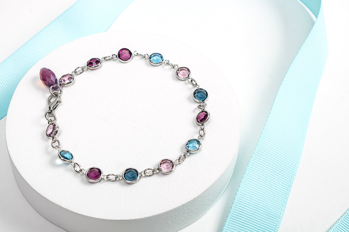 Blue Pink Mix Swarovski Crystal Tennis Bracelet With Briolette Crystal