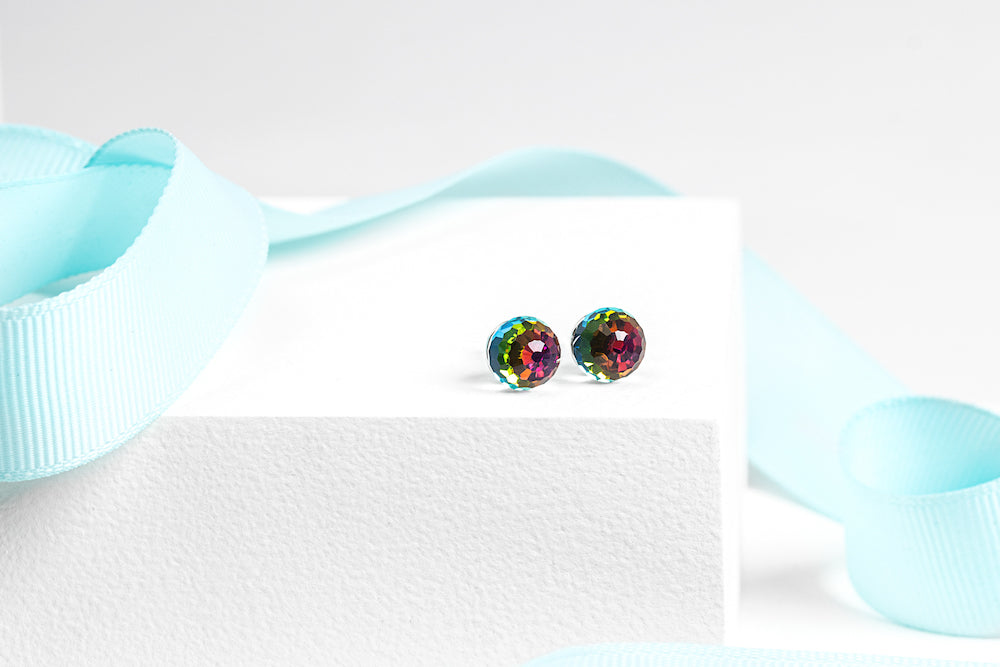 Silvertone Disco Ball Crystal Stud Earrings