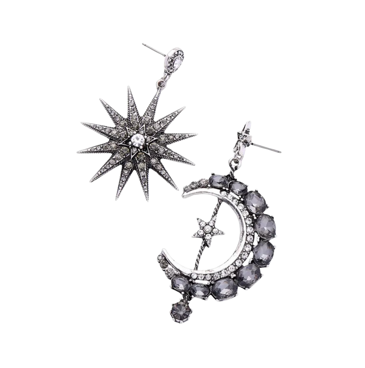 Antiqued Crystal Dark Silvertone Moon And Sun Drop Earrings