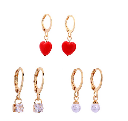 Goldtone Set of 3 Dainty Huggie Hoop Earrings: Heart, Crystal & Imitation Pearl