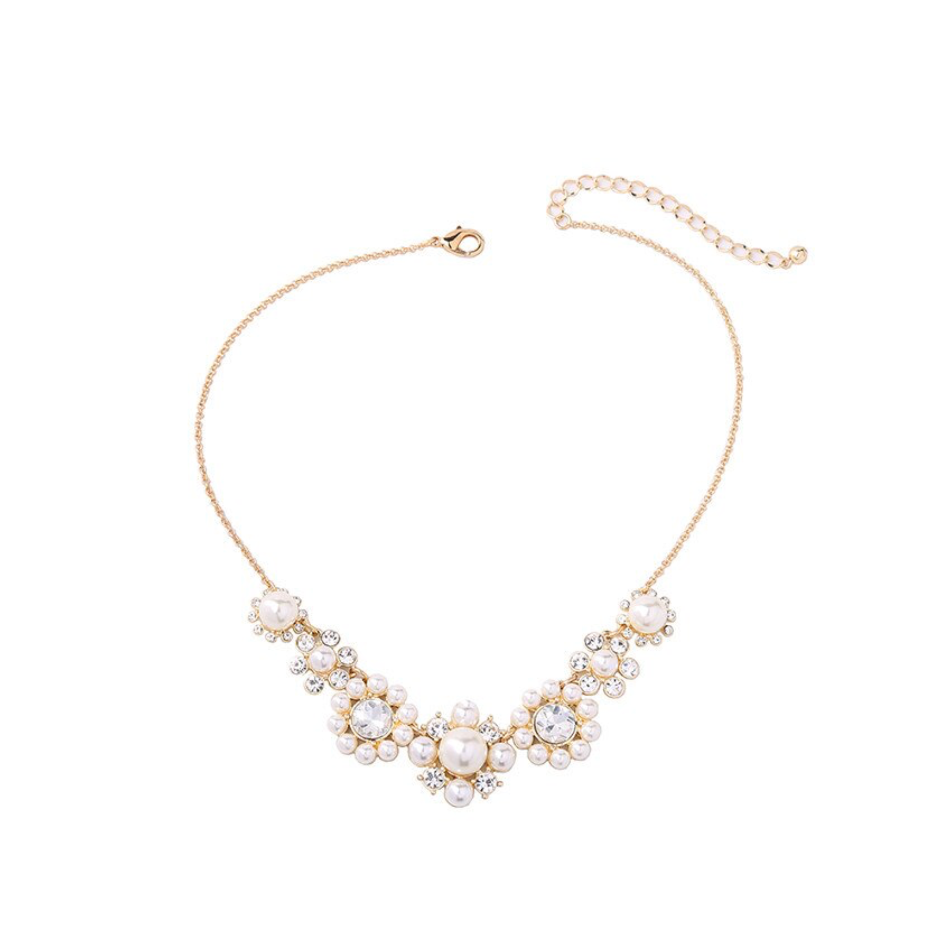 Gold-tone collar necklace with white pearl-like beads and clear floral crystal accents