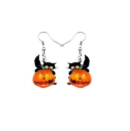 Black Cat With Jack-o-lantern Drop Earrings