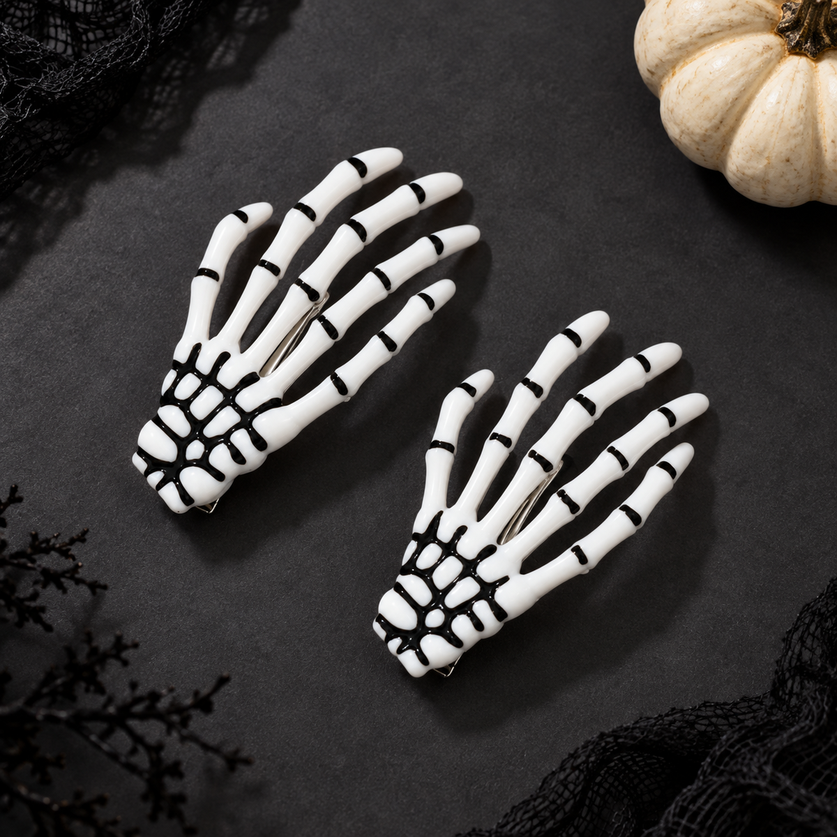 Skeleton Hand Halloween Hair Barrettes – Set of Two