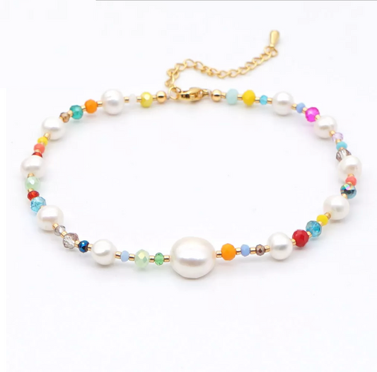 Goldtone Multi-colored Beaded And Freshwater Pearl Anklet