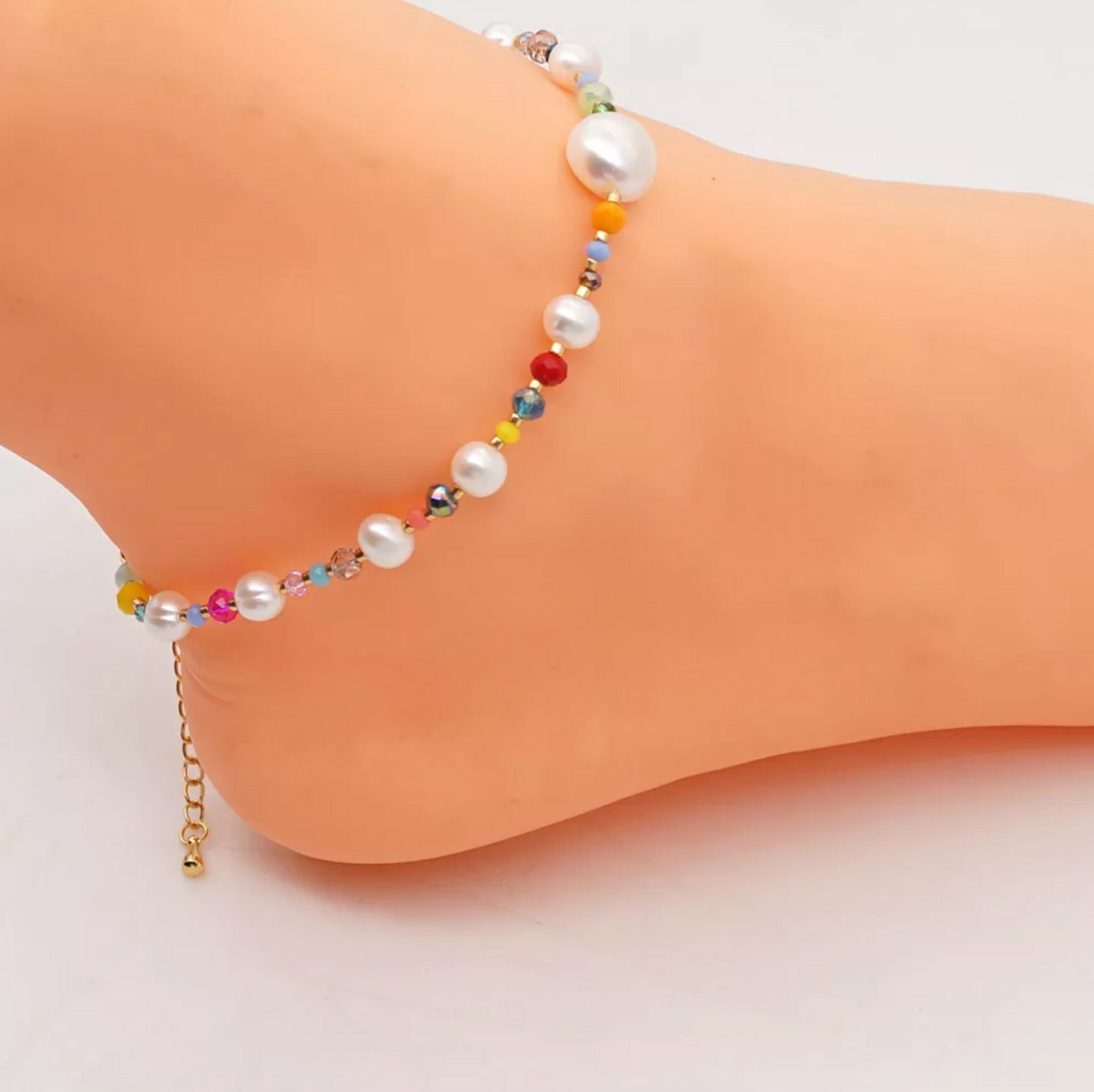 Goldtone Multi-colored Beaded And Freshwater Pearl Anklet