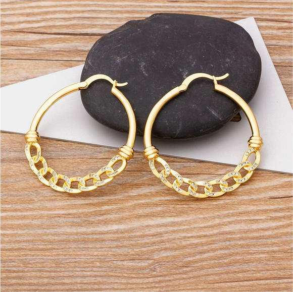 Goldtone & CZ Chain Link Hoop Earrings