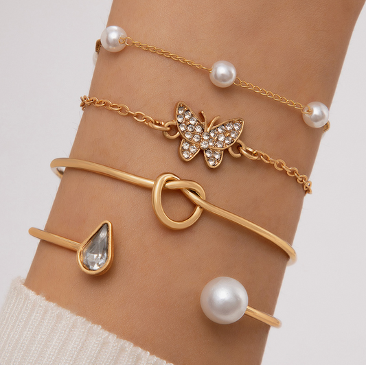 Goldtone & Imitation Pearl Bracelet Set With Butterfly And Teardrop