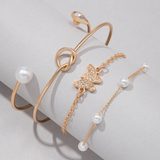 Goldtone & Imitation Pearl Bracelet Set With Butterfly And Teardrop