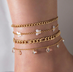 Goldtone Chain Link Crystal Drops & Butterfly Anklet Set
