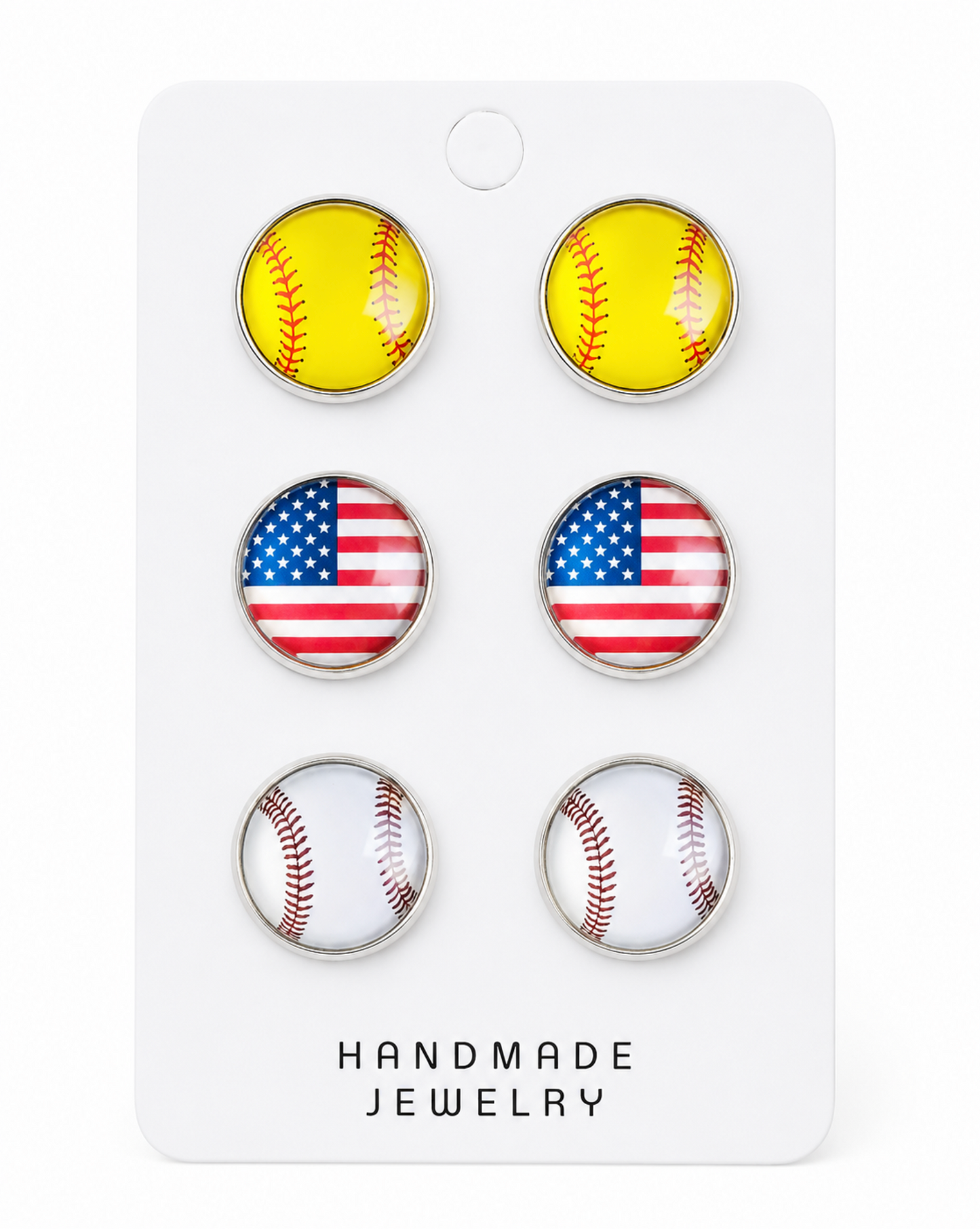 Set Of 3 Baseball & American Flag Stud Earrings